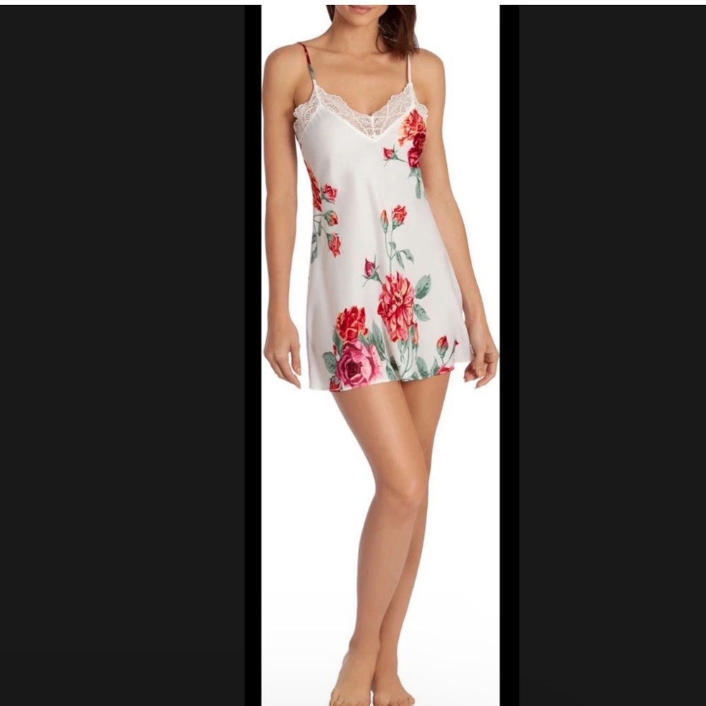 New In Bloom white Lace Trim Rose botanical floral satin nightgown slip dress S